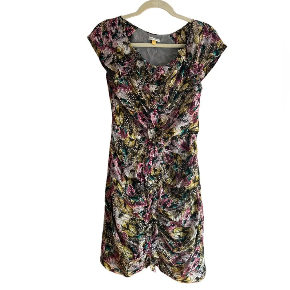 LEIFSDOTTR SILK FEATHER PRINT RUCHED DRESS